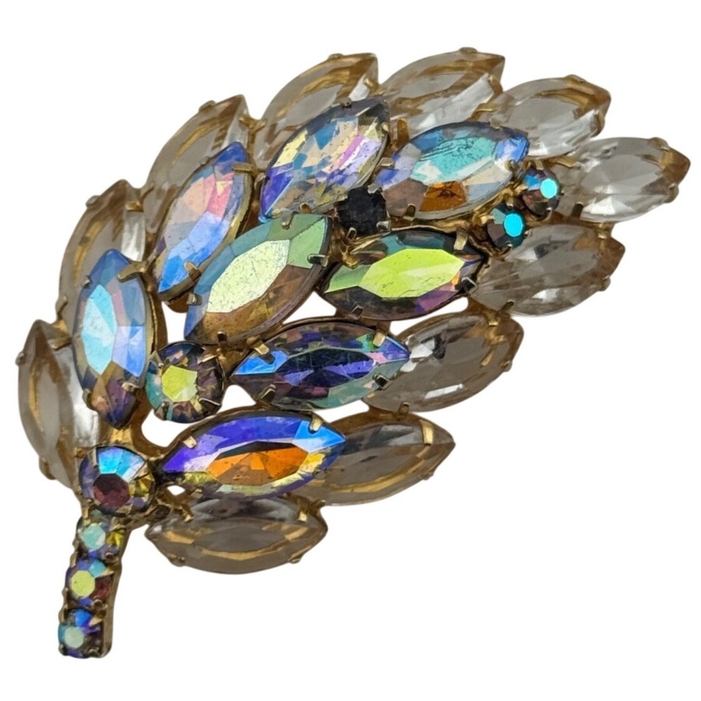 Vintage AB Rhinestone Brooch Domed Layered‎ Gold Tone Leaf Pin READ